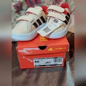adidas Kids Cream Sneakers with Black Stripes and Red Accents